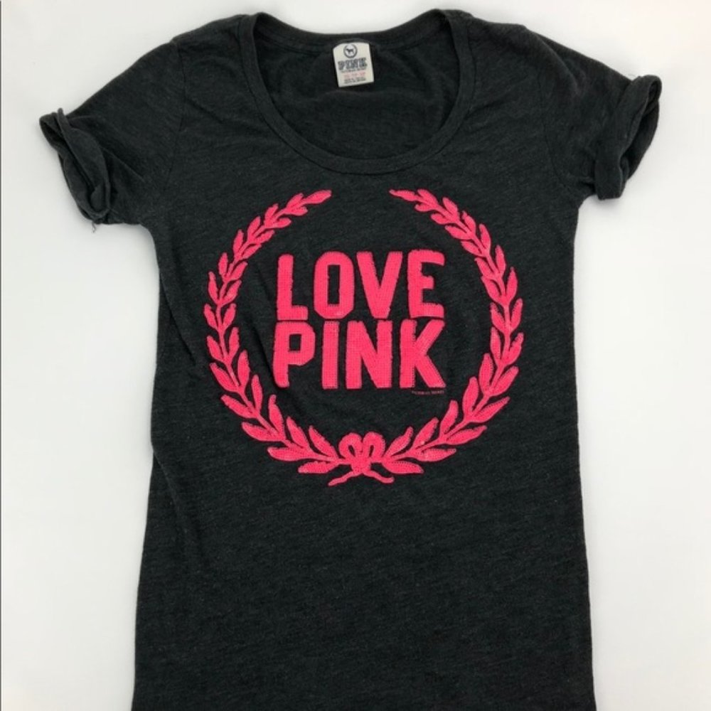 LOVE PINK Logo T-Shirt Gray Bright Pink Sequins XS